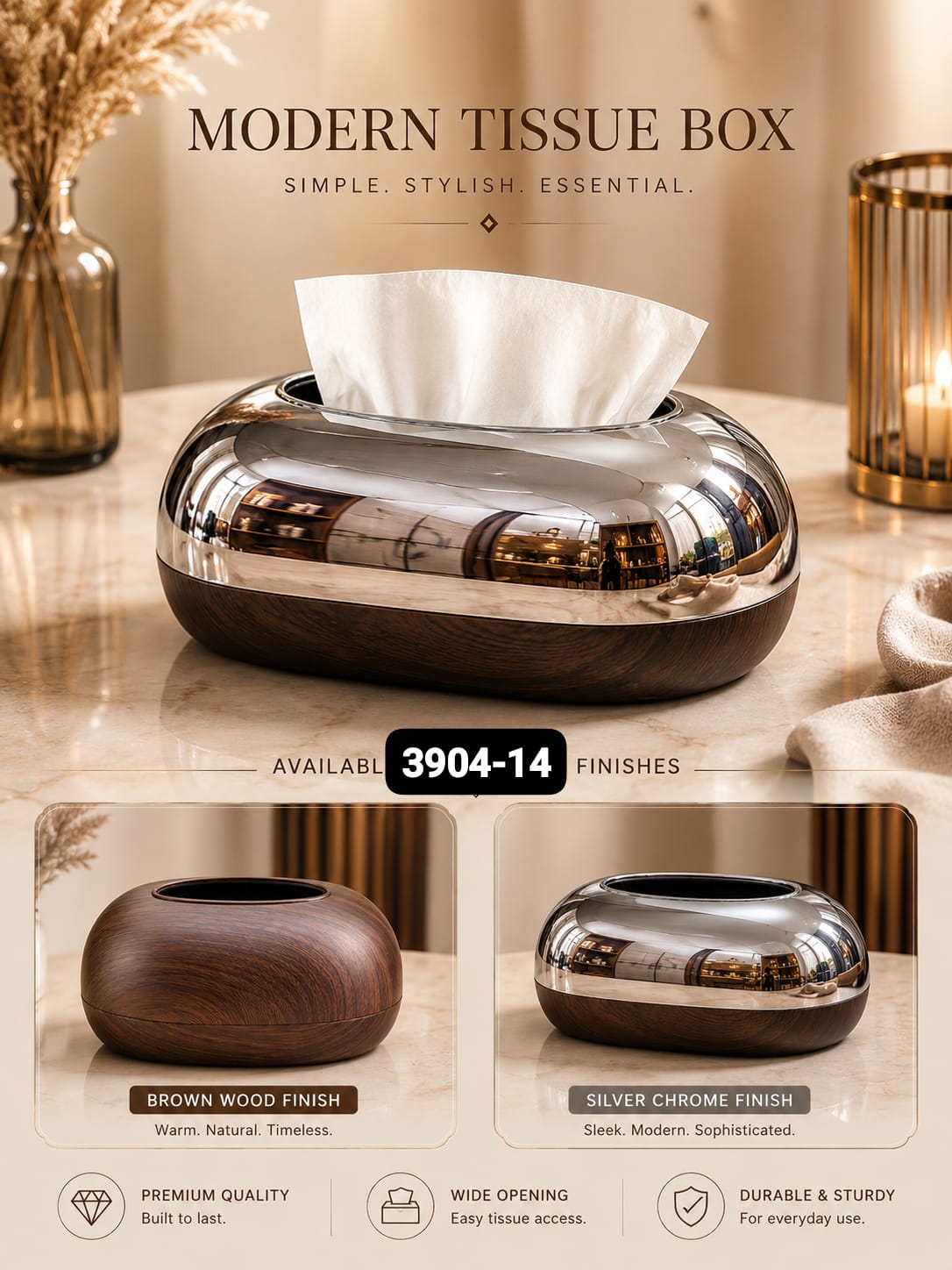 Modern Oval Tissue Box Cover | Premium Wood & Silver Chrome Finish