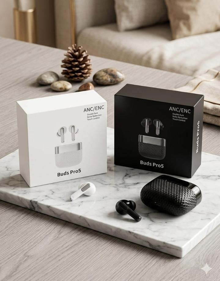Premium Buds Pro5 TWS Wireless Earbuds | ANC & ENC Noise Cancellation | Smart Touch Control | Bluetooth Earphones (Black & White)