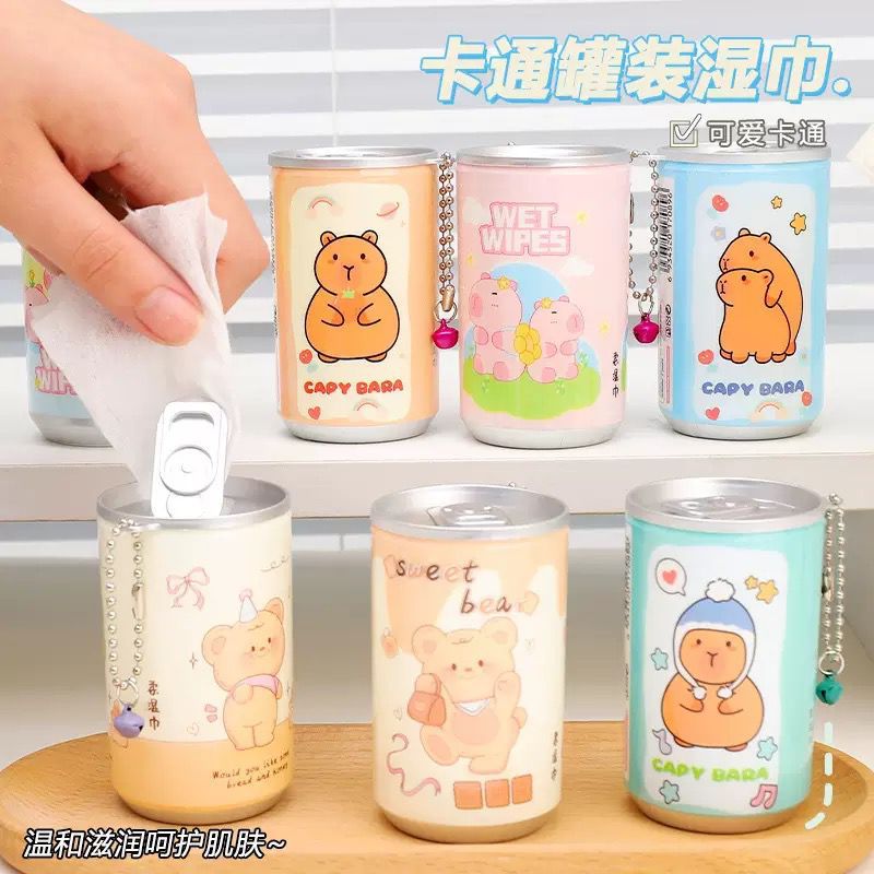 Cute Cartoon Mini Canned Wet Wipes | Portable Travel Baby Wipes with Keychain | Capybara & Bear Designs
