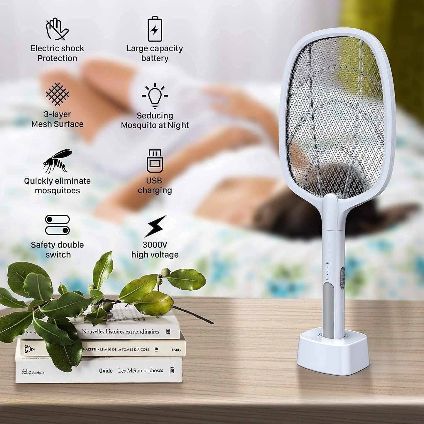 2-in-1 Electric Mosquito Swatter & Bug Zapper | 3000V USB Rechargeable Mosquito Killer | Fly Bat with Adjustable Angle