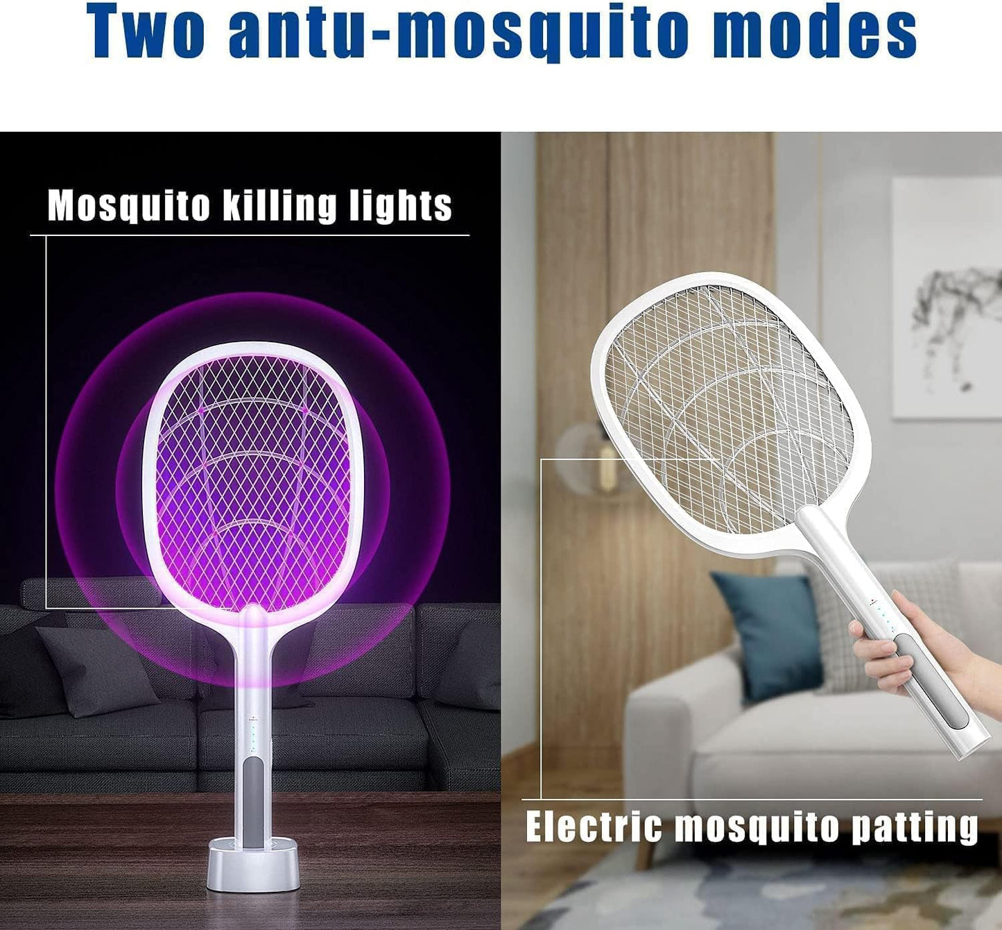 2-in-1 Electric Mosquito Swatter & Bug Zapper | 3000V USB Rechargeable Mosquito Killer | Fly Bat with Adjustable Angle