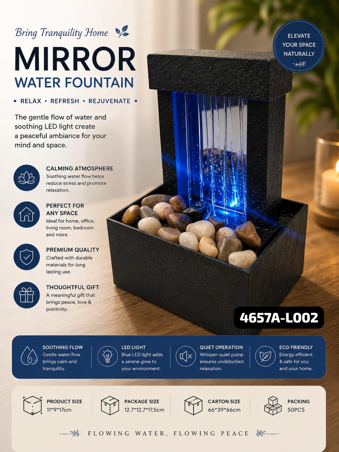 Premium Indoor Mirror Water Fountain with Blue LED Light | Tabletop Zen Decor