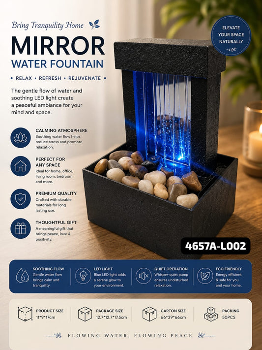 Premium Indoor Mirror Water Fountain with Blue LED Light | Tabletop Zen Decor