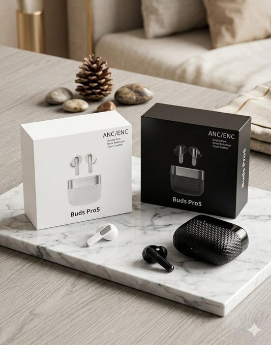 Premium Buds Pro5 TWS Wireless Earbuds | ANC & ENC Noise Cancellation | Smart Touch Control | Bluetooth Earphones (Black & White)