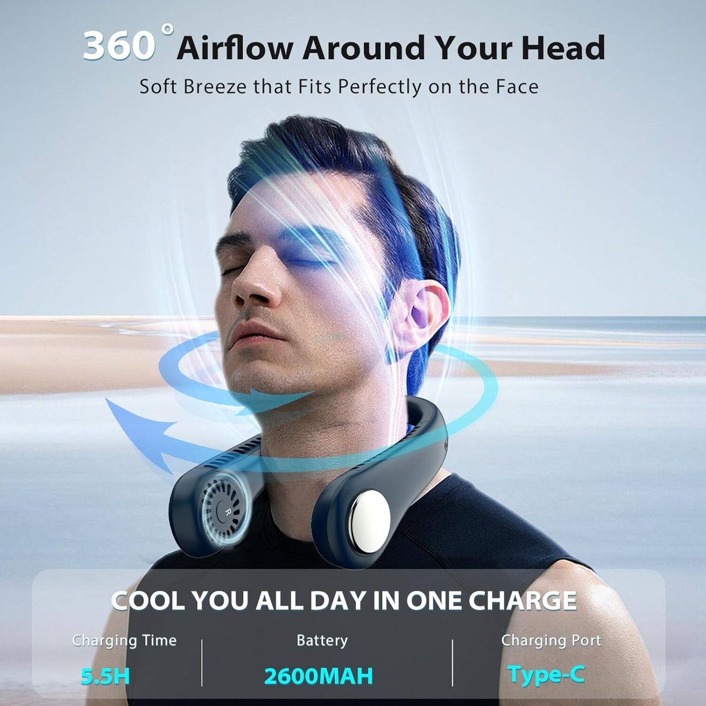 Portable Neck Fan – 360° Hands-Free Bladeless Cooling Fan (USB Rechargeable)
