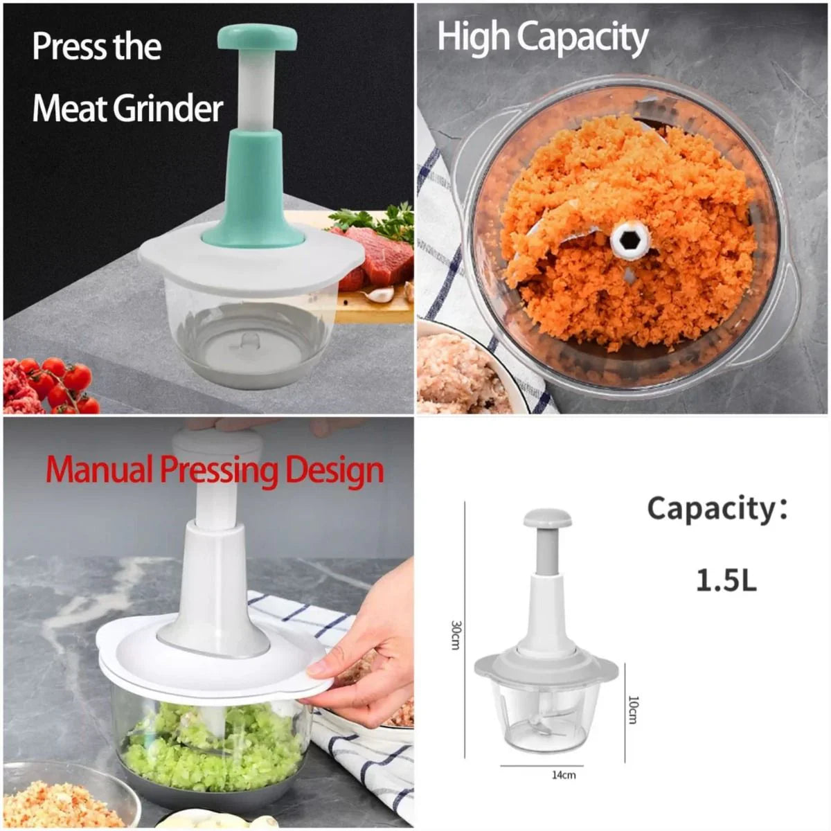 1.5L Manual Push Chopper Vegetable Cutter – Hand Press Food Chopper, Garlic Crusher, Meat Grinder, Fruit & Vegetable Slicer, Kitchen Handy Multifunction Salad Maker