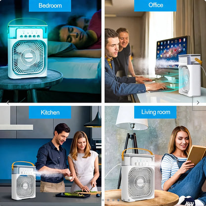 3-in-1 Rechargeable Mist Fan – Portable Air Cooler with Spray, LED Light & USB Charging