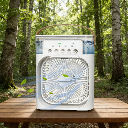 3-in-1 Rechargeable Mist Fan – Portable Air Cooler with Spray, LED Light & USB Charging