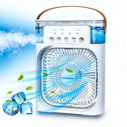 3-in-1 Rechargeable Mist Fan – Portable Air Cooler with Spray, LED Light & USB Charging