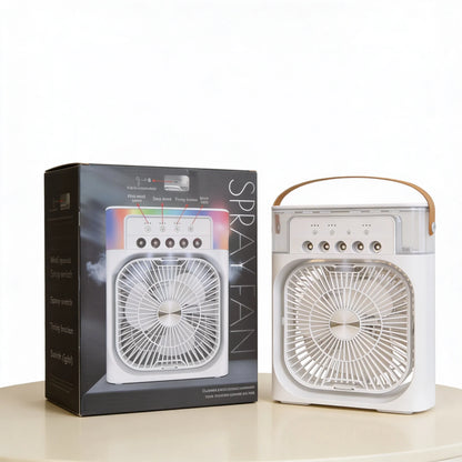 3-in-1 Rechargeable Mist Fan – Portable Air Cooler with Spray, LED Light & USB Charging