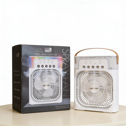 3-in-1 Rechargeable Mist Fan – Portable Air Cooler with Spray, LED Light & USB Charging