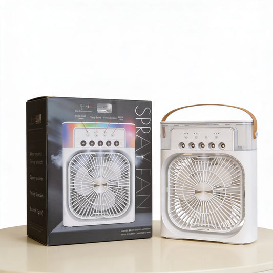 3-in-1 Rechargeable Mist Fan – Portable Air Cooler with Spray, LED Light & USB Charging
